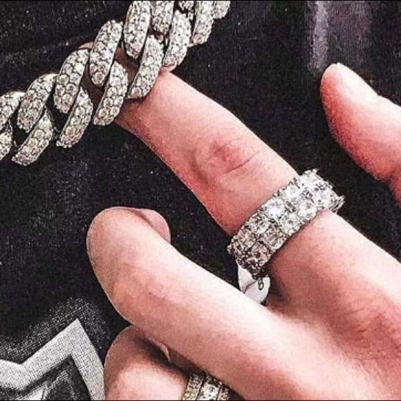 Men’s Silver Bling Ring, 2 rows 5A+ Cubic Zircons - Picture 4 of 5